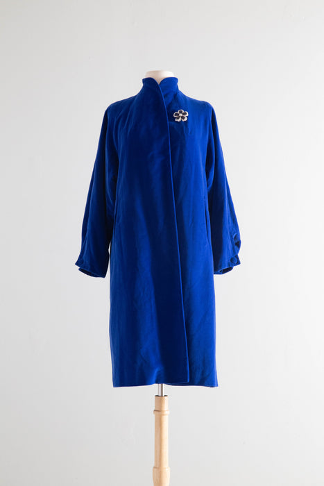 Stunning 1950's Sapphire Blue Velvet Swing Coat By Marguerite Rubel / Medium