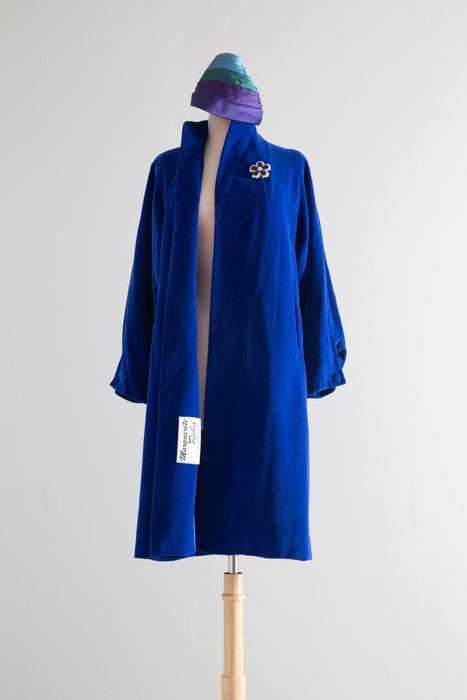 Stunning 1950's Sapphire Blue Velvet Swing Coat By Marguerite Rubel / Medium