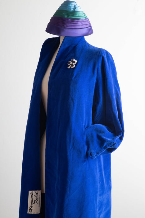 Stunning 1950's Sapphire Blue Velvet Swing Coat By Marguerite Rubel / Medium