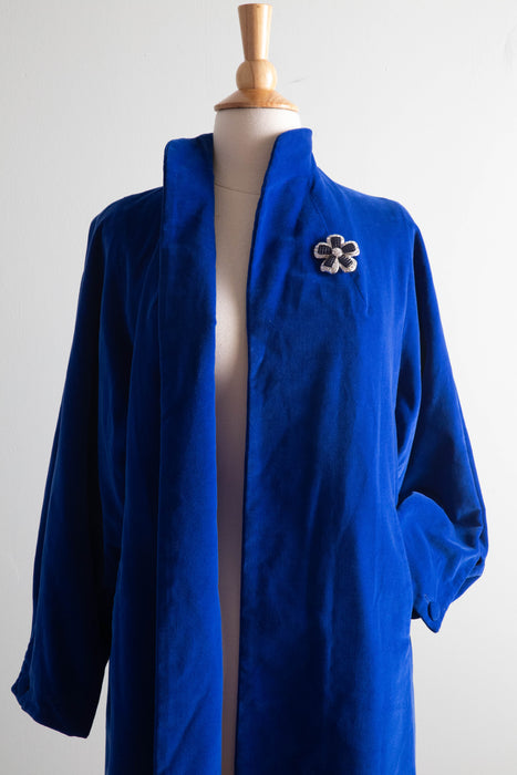 Stunning 1950's Sapphire Blue Velvet Swing Coat By Marguerite Rubel / Medium