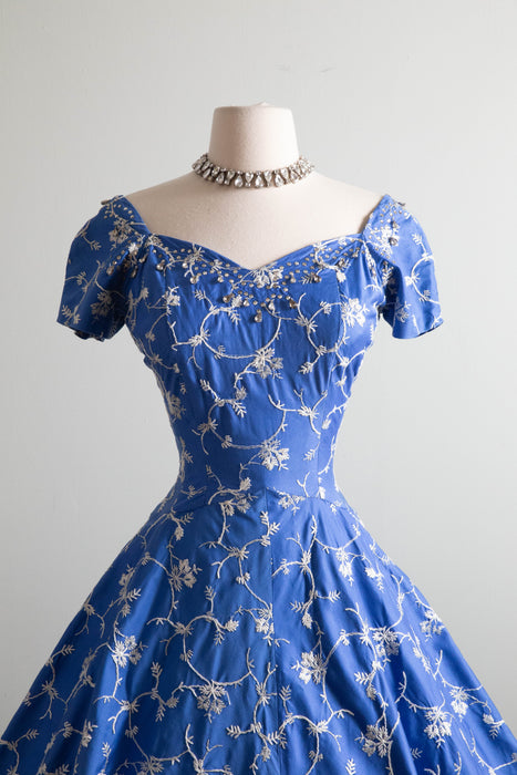 Stunning 1950's Perullo Embroidered Blue Party Dress / M