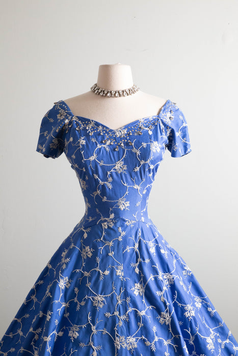 Stunning 1950's Perullo Embroidered Blue Party Dress / M