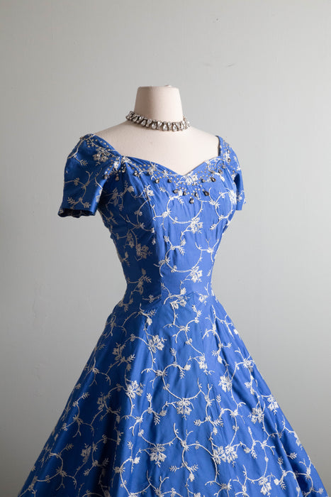 Stunning 1950's Perullo Embroidered Blue Party Dress / M