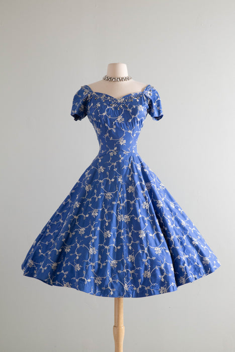 Stunning 1950's Perullo Embroidered Blue Party Dress / M