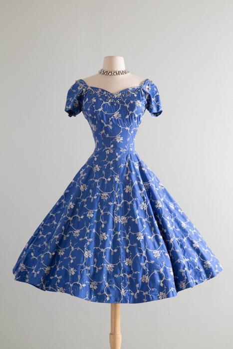 Stunning 1950's Perullo Embroidered Blue Party Dress / M