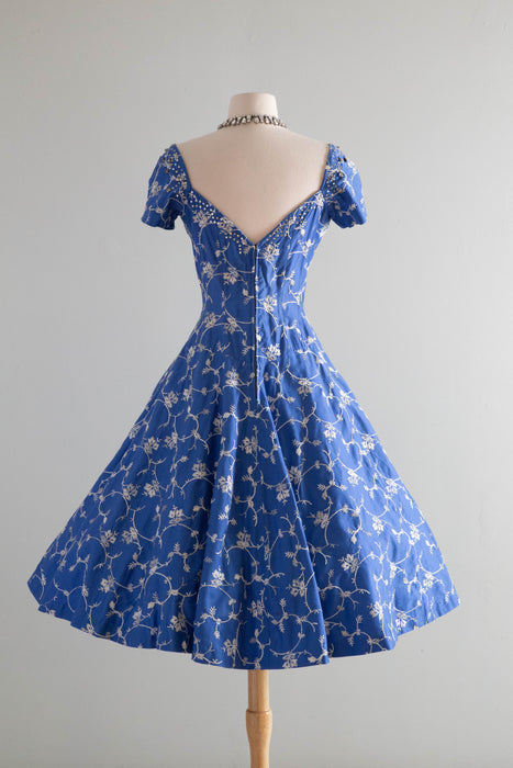 Stunning 1950's Perullo Embroidered Blue Party Dress / M