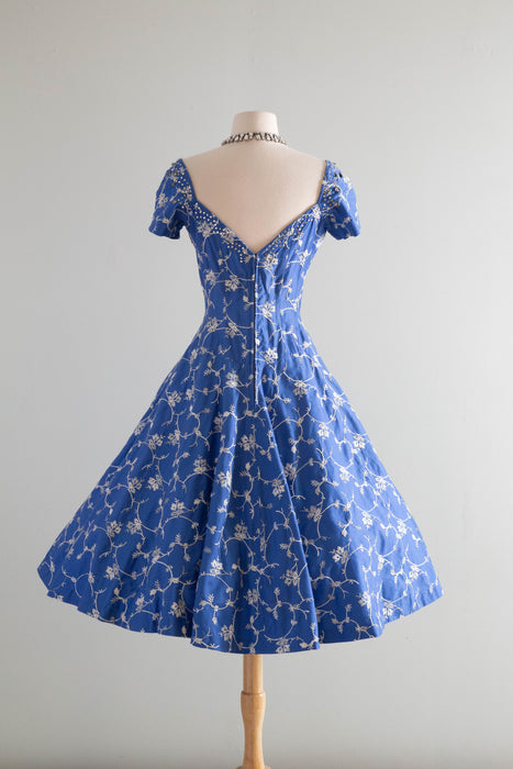 Stunning 1950's Perullo Embroidered Blue Party Dress / M