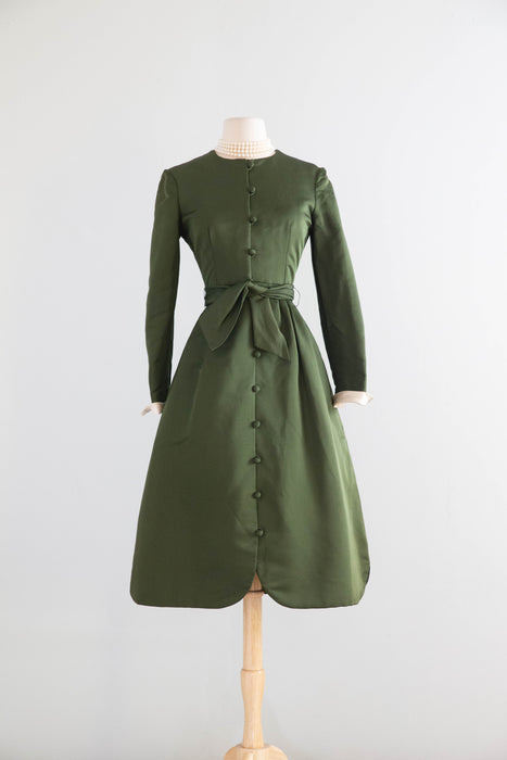 Fabulous 1960's Olive Green Silk Cocktail Dress By Chester Weinberg / Small