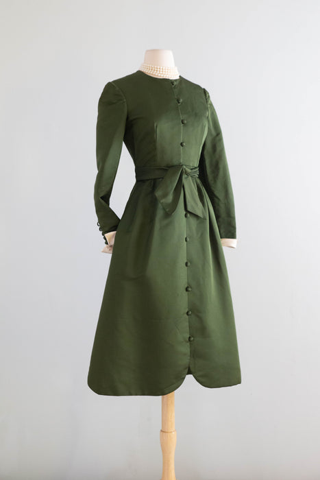 Fabulous 1960's Olive Green Silk Cocktail Dress By Chester Weinberg / Small