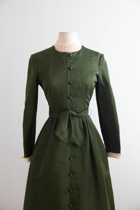 Fabulous 1960's Olive Green Silk Cocktail Dress By Chester Weinberg / Small