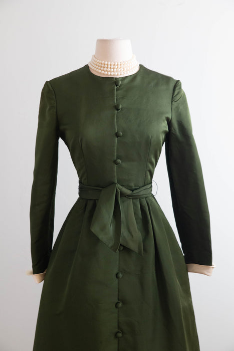 Fabulous 1960's Olive Green Silk Cocktail Dress By Chester Weinberg / Small