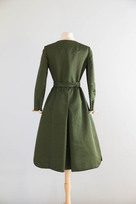 Fabulous 1960's Olive Green Silk Cocktail Dress By Chester Weinberg / Small