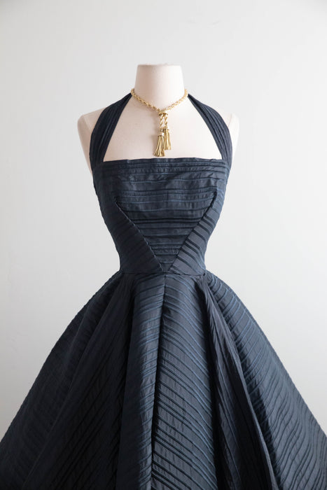 Exquisite 1950s Black Silk Couture Sculptural Halter Evening Dress / XS