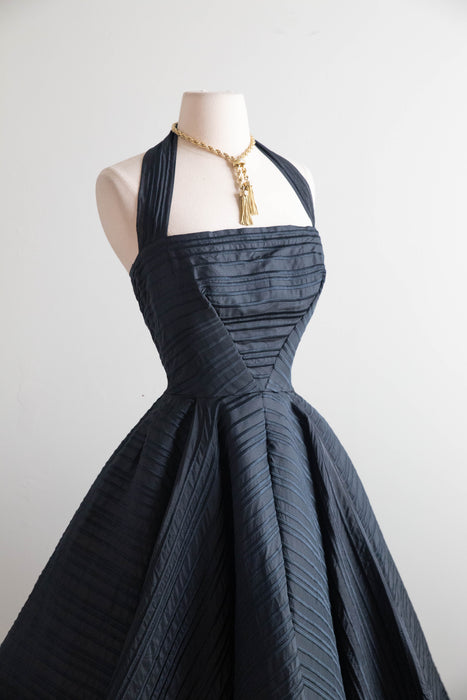Exquisite 1950s Black Silk Couture Sculptural Halter Evening Dress / XS