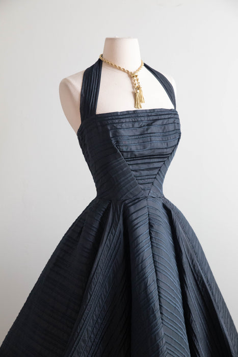 Exquisite 1950s Black Silk Couture Sculptural Halter Evening Dress / XS