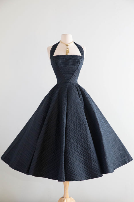 Exquisite 1950s Black Silk Couture Sculptural Halter Evening Dress / XS