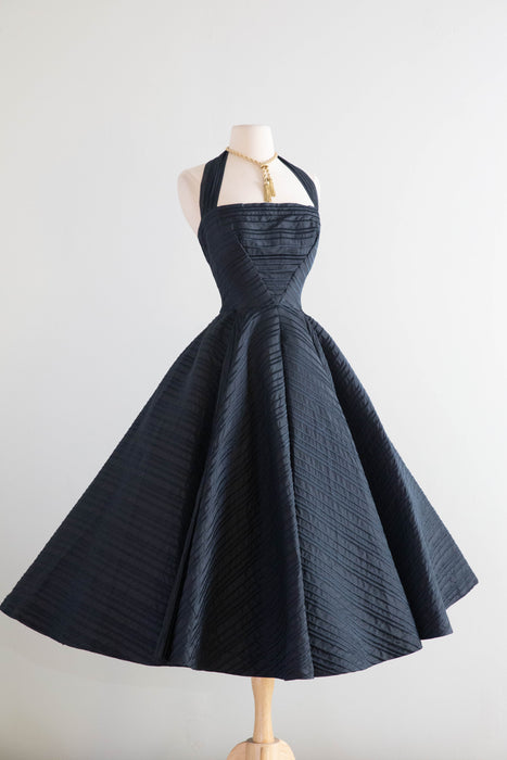 Exquisite 1950s Black Silk Couture Sculptural Halter Evening Dress / XS