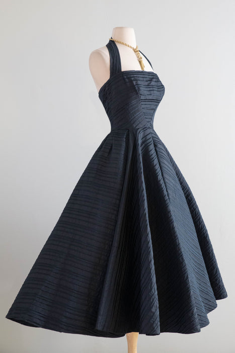 Exquisite 1950s Black Silk Couture Sculptural Halter Evening Dress / XS