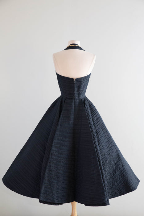 Exquisite 1950s Black Silk Couture Sculptural Halter Evening Dress / XS
