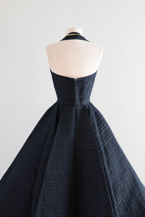 Exquisite 1950s Black Silk Couture Sculptural Halter Evening Dress / XS