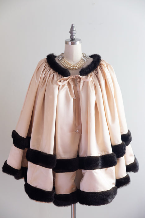 Fabulous Vintage Custom Made Satin Cape With Fur Trim by Ann Gish / OS