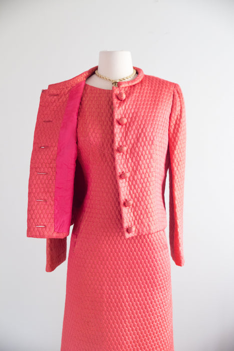 Stunning 1960's Shocking Pink Silk Matelasse Dress and Jacket Set From Elizabeth Arden / M