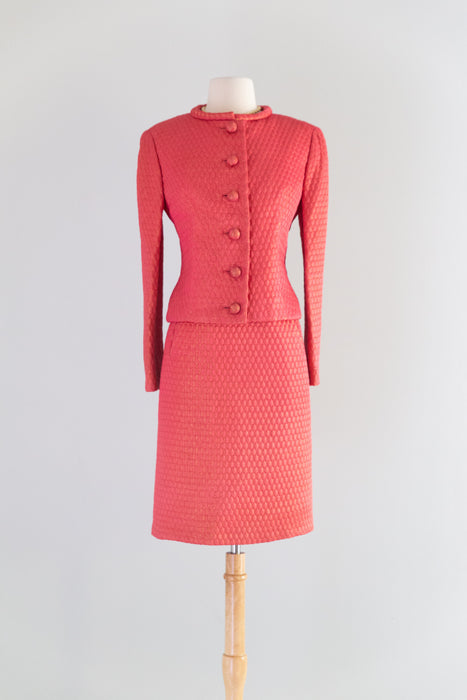 Stunning 1960's Shocking Pink Silk Matelasse Dress and Jacket Set From Elizabeth Arden / M