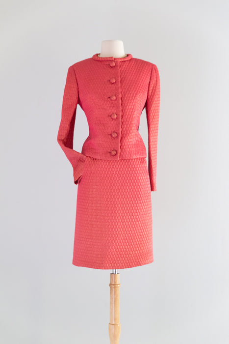 Stunning 1960's Shocking Pink Silk Matelasse Dress and Jacket Set From Elizabeth Arden / M