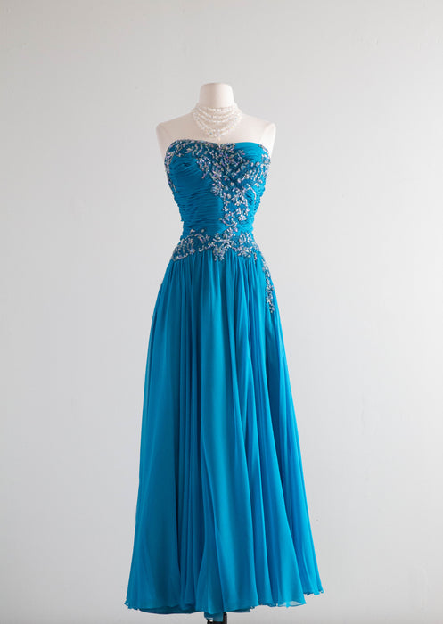 Spectacular 1950's Peacock Silk Chiffon Evening Gown / Medium