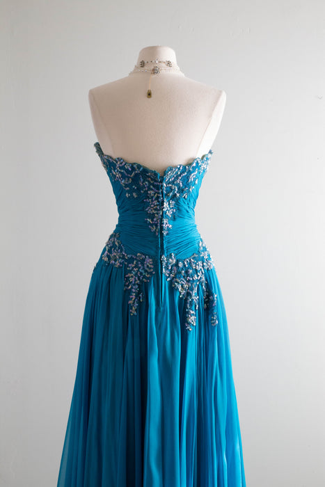 Spectacular 1950's Peacock Silk Chiffon Evening Gown / Medium