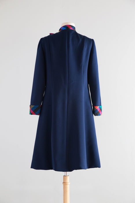 Fantastic 1960's Rizkallah for Malcolm Starr Navy Dress With Rainbow Bow & Cuffs / ML