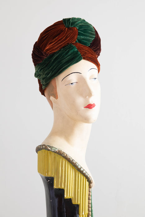 Fabulous 1940's Turban In Forest Green, Burnt Sienna and Mahogany Velvet