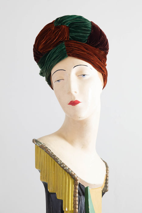 Fabulous 1940's Turban In Forest Green, Burnt Sienna and Mahogany Velvet