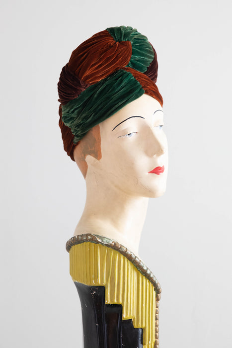 Fabulous 1940's Turban In Forest Green, Burnt Sienna and Mahogany Velvet