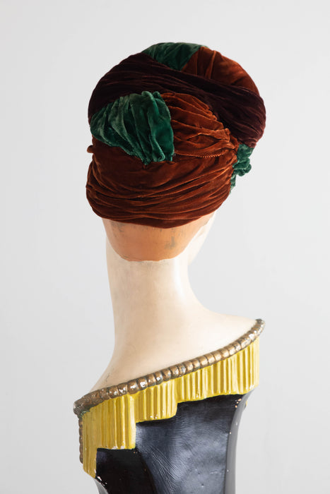 Fabulous 1940's Turban In Forest Green, Burnt Sienna and Mahogany Velvet