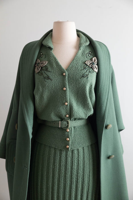 Stunning 1950’s Sage Green Wool Knit Set With Embroidered Cardigan & Belt / ML