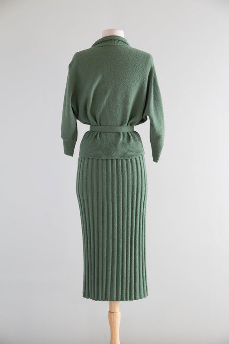 Stunning 1950’s Sage Green Wool Knit Set With Embroidered Cardigan & Belt / ML