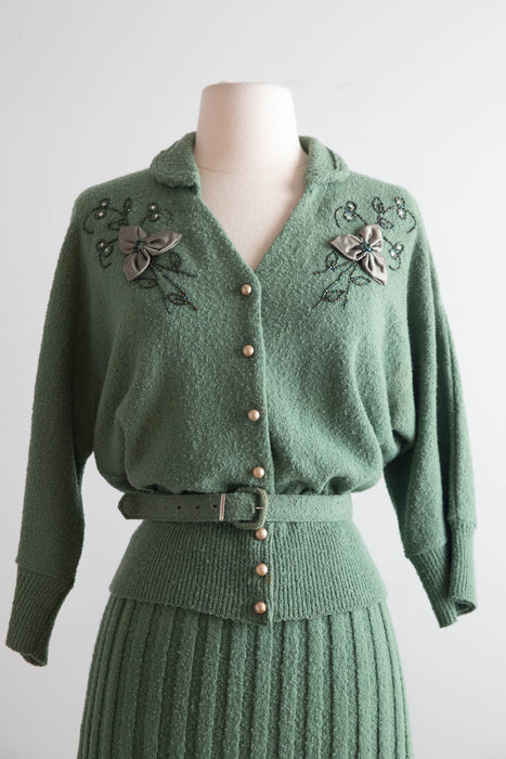 Stunning 1950’s Sage Green Wool Knit Set With Embroidered Cardigan & Belt / ML