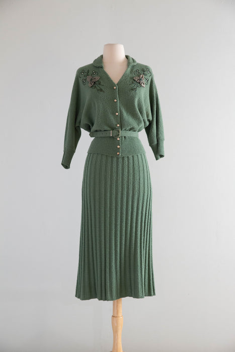 Stunning 1950’s Sage Green Wool Knit Set With Embroidered Cardigan & Belt / ML