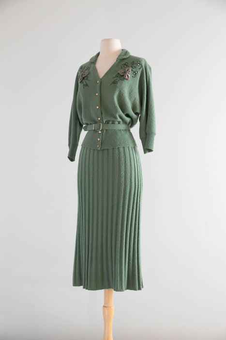 Stunning 1950’s Sage Green Wool Knit Set With Embroidered Cardigan & Belt / ML