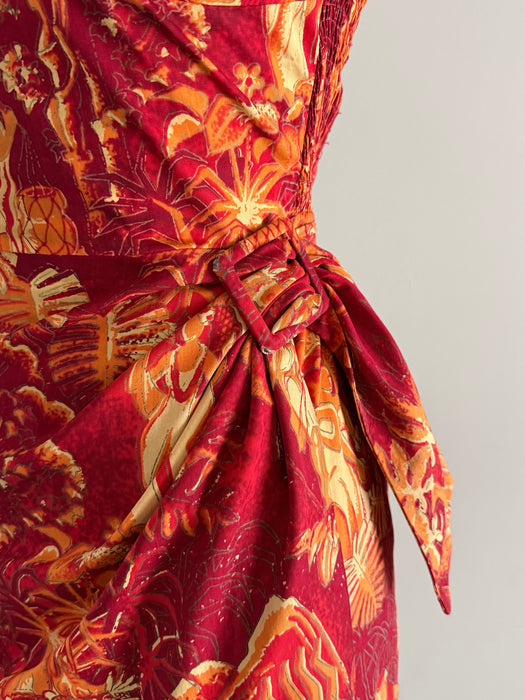 Glamorous 1950’s Alfred Shaheen "Luau" Hawaiian Print Sarong Dress / M