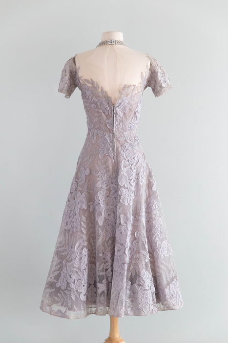 Exquisite and Rare 1950's Philip Hulitar Misty Lilac Illusion Lace Couture Cocktail Dress / S