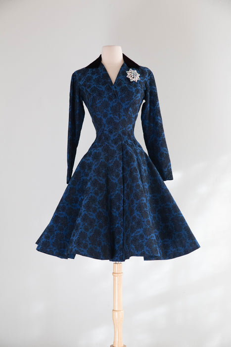 Fabulous Late 1950's Estevez Midnight Blue Brocade Party Dress / S