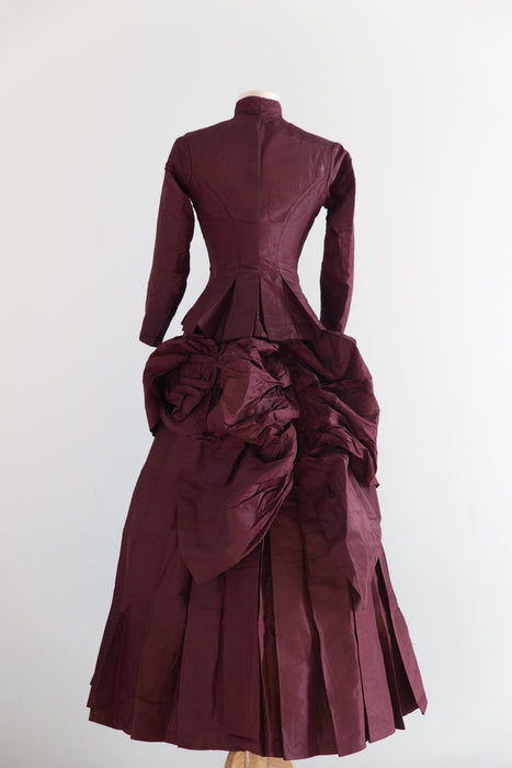 Antique 1880s Bustle Era Two-Piece in Aubergine Silk Taffeta with Celestial Buttons / XS