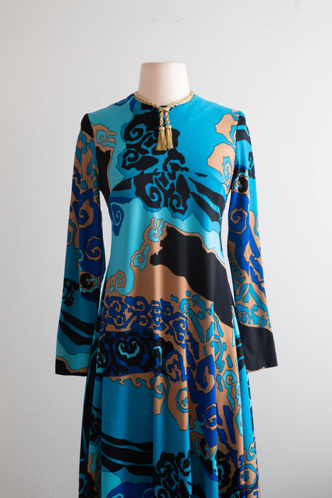 FANTASTIC Late 1960's Abstract Wave Print Maxi Dress From Saks Fifth Ave / Medium