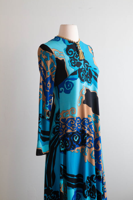 FANTASTIC Late 1960's Abstract Wave Print Maxi Dress From Saks Fifth Ave / Medium