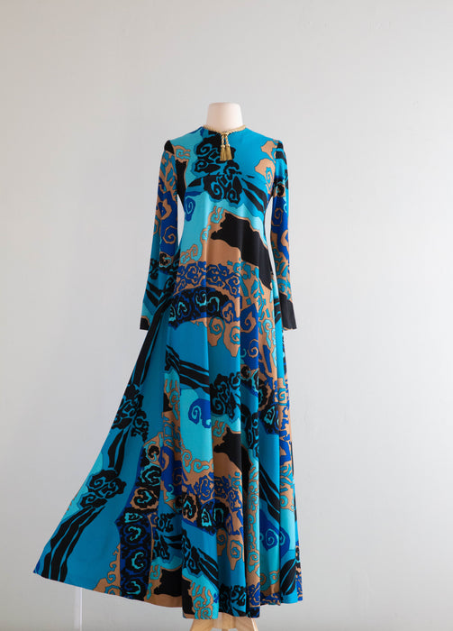 FANTASTIC Late 1960's Abstract Wave Print Maxi Dress From Saks Fifth Ave / Medium