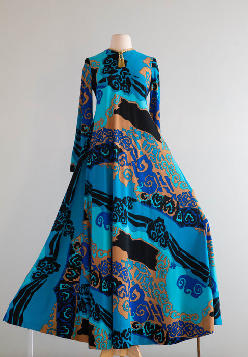 FANTASTIC Late 1960's Abstract Wave Print Maxi Dress From Saks Fifth Ave / Medium