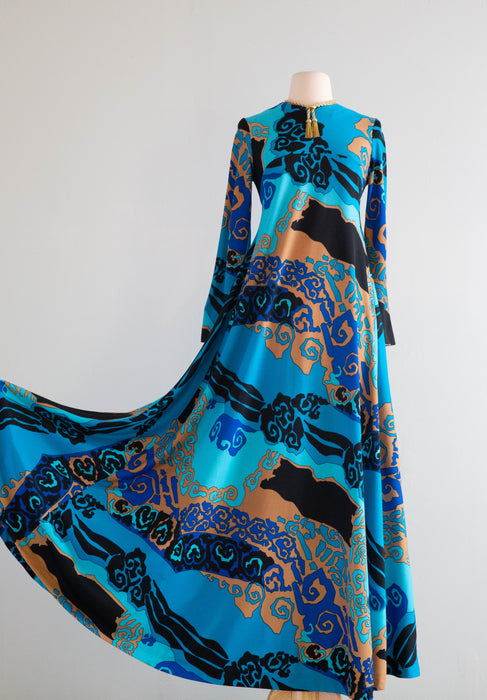 FANTASTIC Late 1960's Abstract Wave Print Maxi Dress From Saks Fifth Ave / Medium