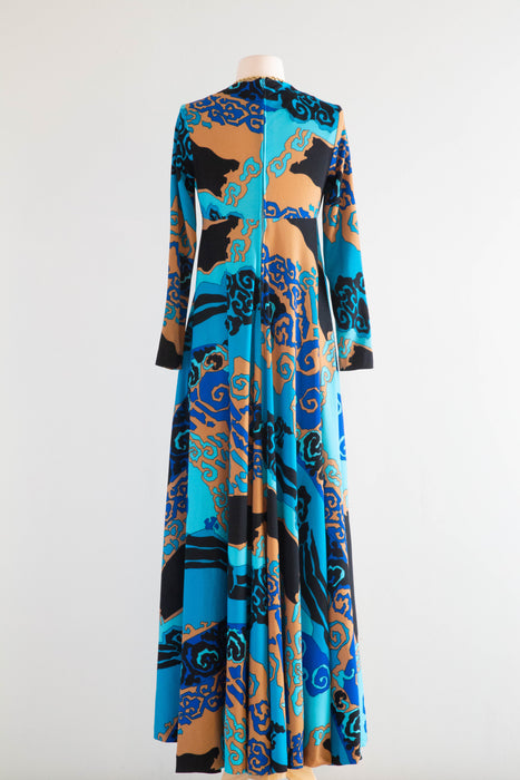 FANTASTIC Late 1960's Abstract Wave Print Maxi Dress From Saks Fifth Ave / Medium